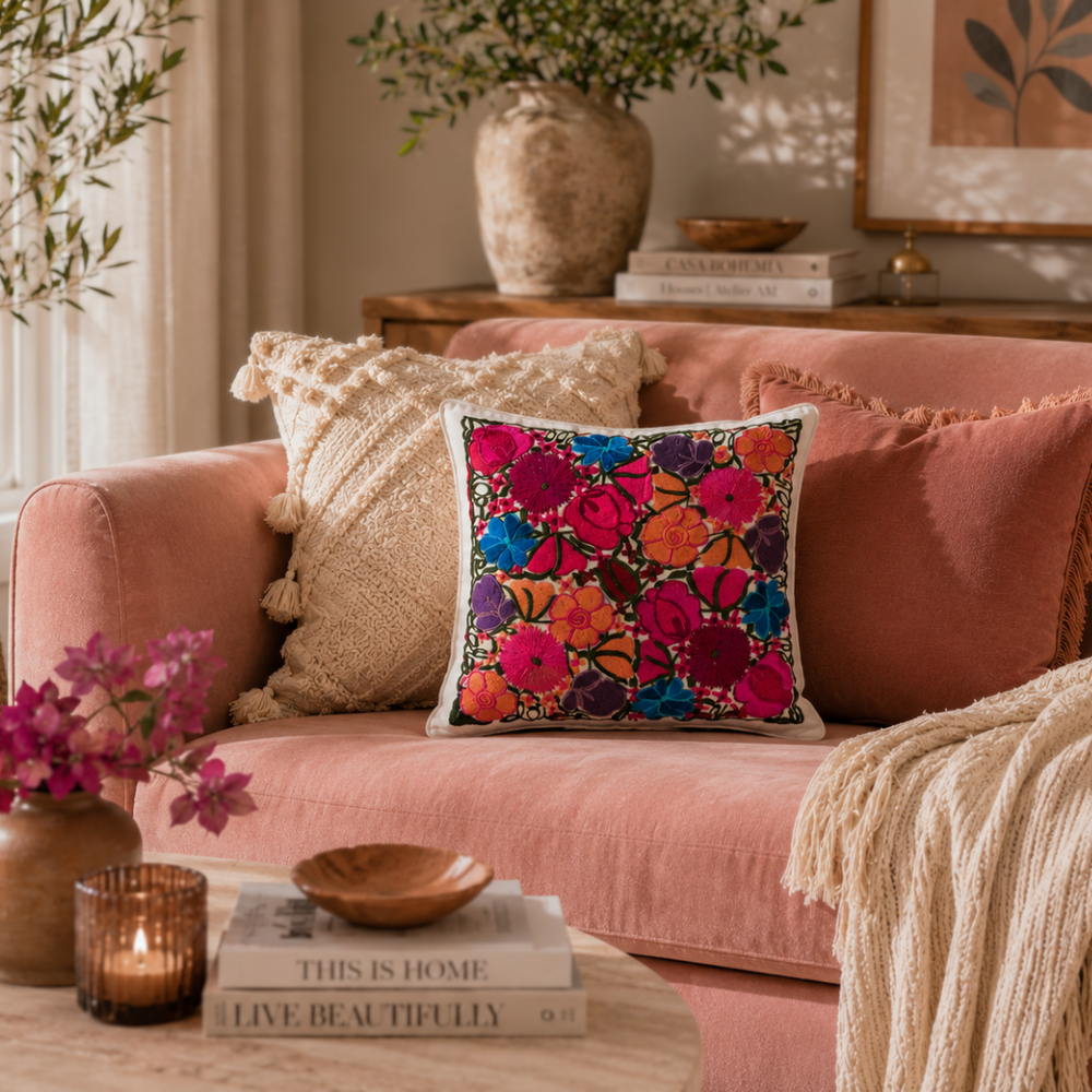 Flower Fields Embroidered Pillow Cover - Guatemala-Decor-Don Miguel (Tipicos el Paisaje - GU)-Lumily MZ Fair Trade Nena & Co Hiptipico Novica Lucia's World emporium