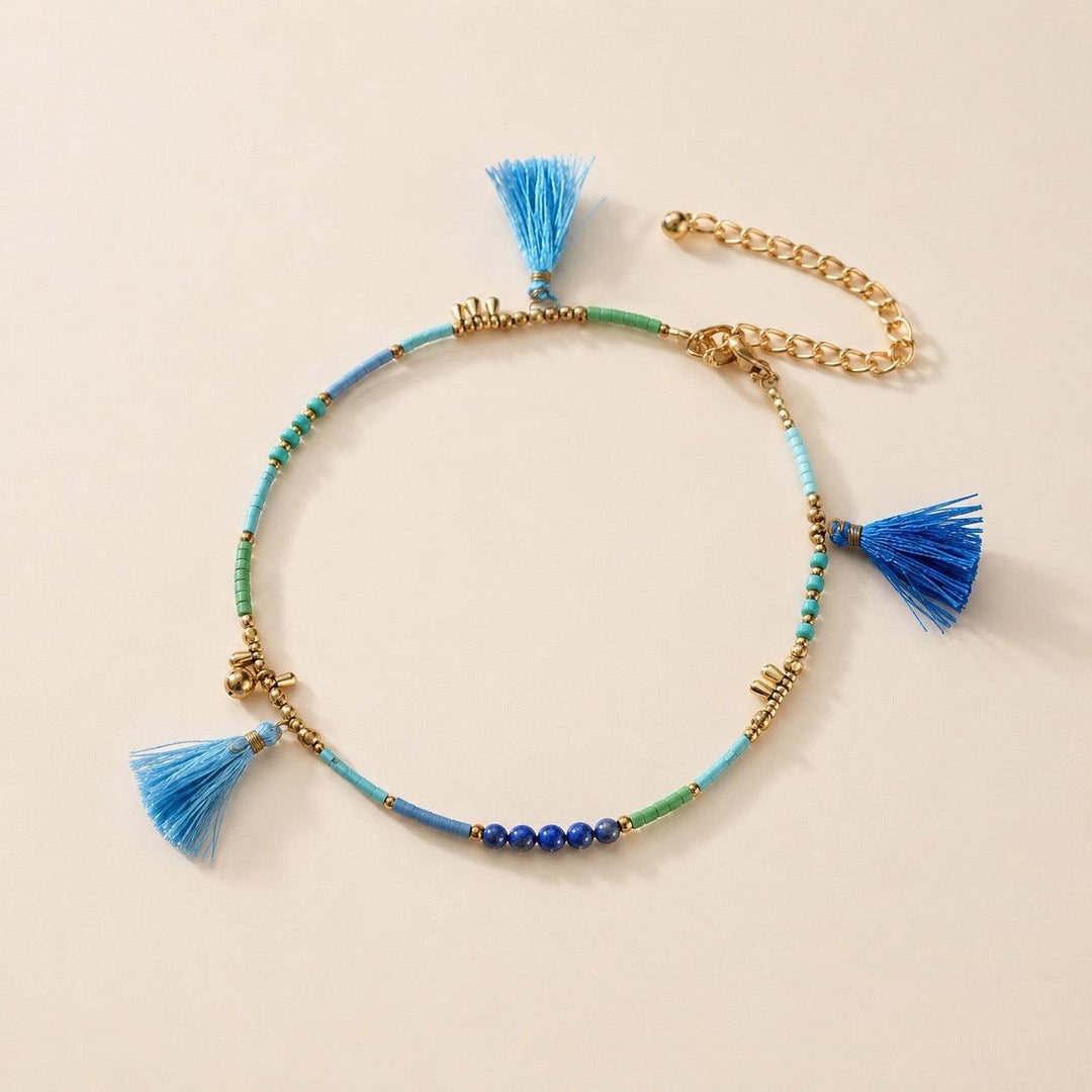 Penelope Turquoise Beaded Tassel Anklet | Handmade - Thailand-Anklets-Nu Shop-Lumily Fair Trade Handmade