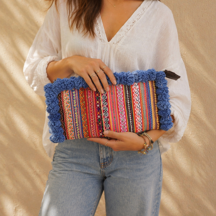 PomPom Vintage Upcycled Hmong Clutch - Thailand-Bags-Lumily-Lumily MZ Fair Trade Nena &amp; Co Hiptipico Novica Lucia&