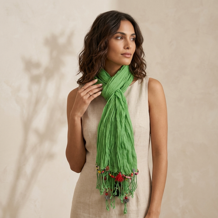 Cotton Pom Pom Sustainably Made Scarf - Thailand-Apparel-Lumily-Lumily MZ Fair Trade Nena &amp; Co Hiptipico Novica Lucia&