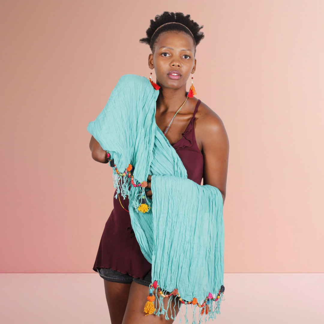 Cotton Pom Pom Sustainably Made Scarf - Thailand-Apparel-Lumily-Lumily MZ Fair Trade Nena &amp; Co Hiptipico Novica Lucia&