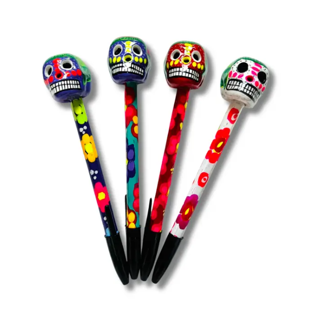 Hand-Painted Sugar Skull Floral Pen - Unique Mexican Design - Mexico-Accessories-Cecilia-Lumily MZ Fair Trade Nena & Co Hiptipico Novica Lucia's World emporium