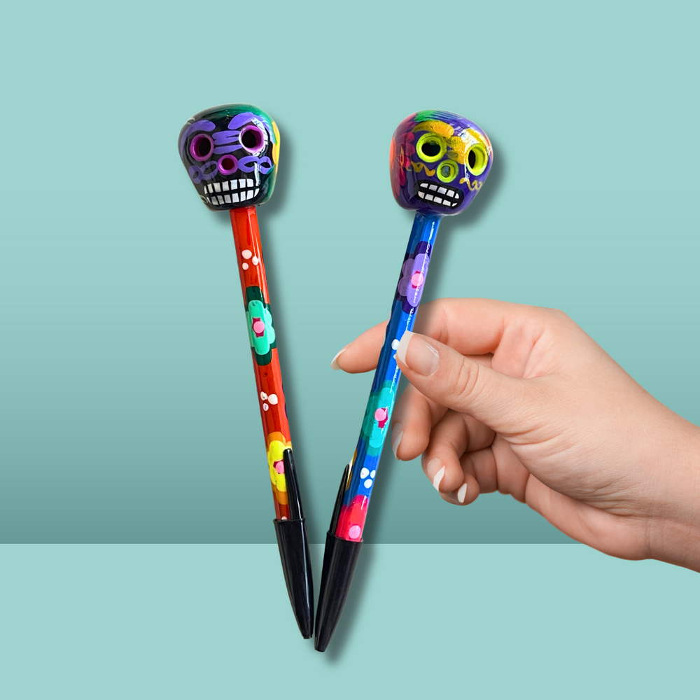 Hand-Painted Sugar Skull Ceramic Floral Pen - Unique Mexican Design - Mexico-Accessories-Cecilia-Lumily MZ Fair Trade Nena & Co Hiptipico Novica Lucia's World emporium