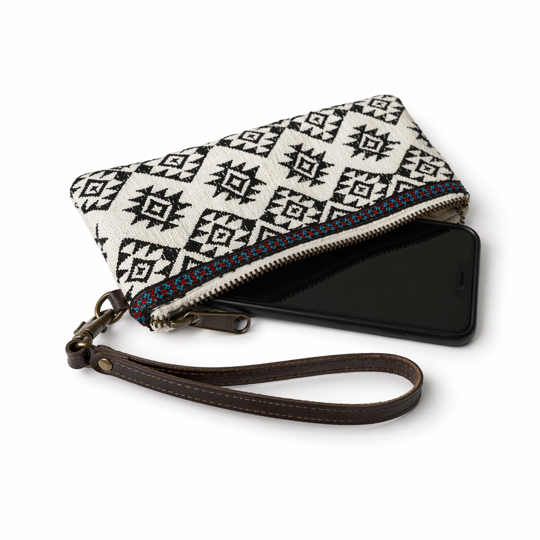 Geometric Embroidered Wristlet Bag with Leather Strap – Thailand-Wristlets-Lumily-Lumily MZ Fair Trade Nena &amp; Co Hiptipico Novica Lucia&