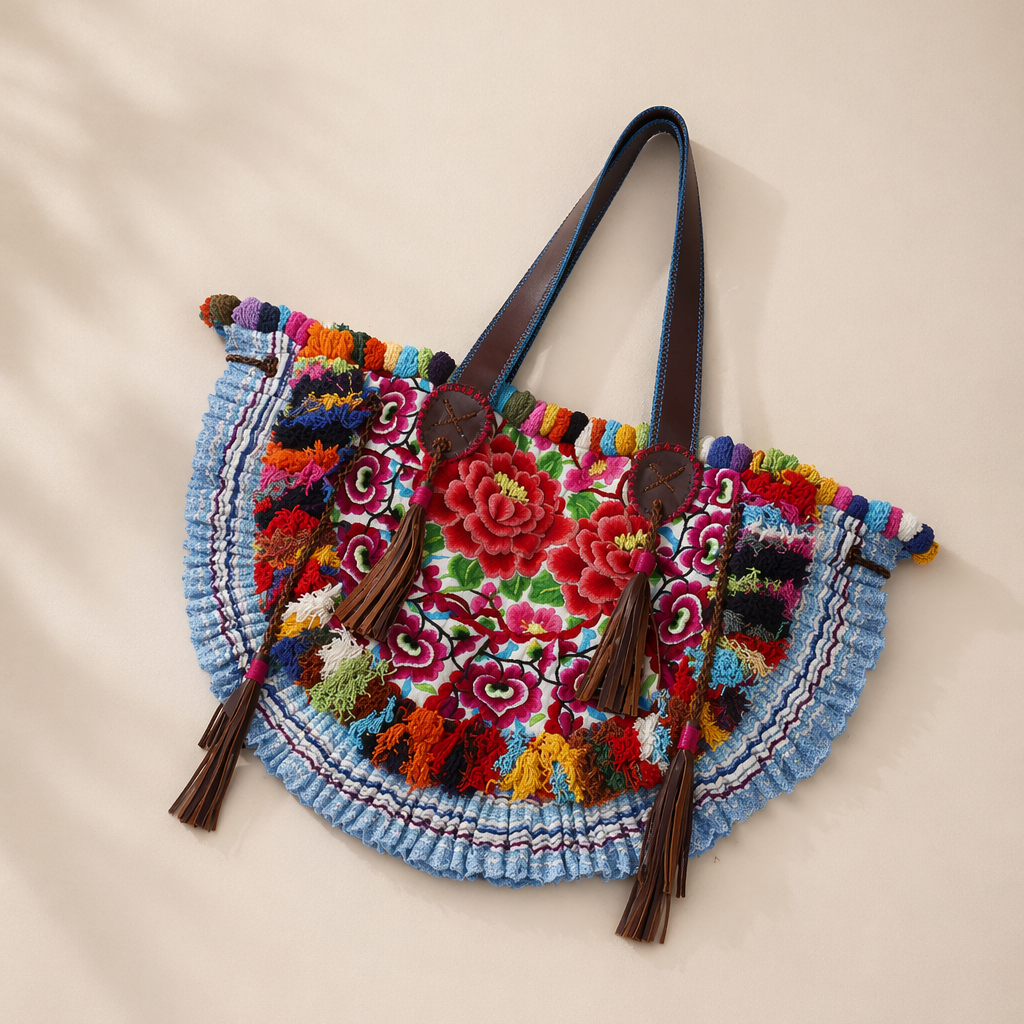 Embroidered Half Moon Ibiza Leather Tote Pom Pom Bag – Thailand-Bags-Lumily-Dark Blue-Lumily MZ Fair Trade Nena &amp; Co Hiptipico Novica Lucia&