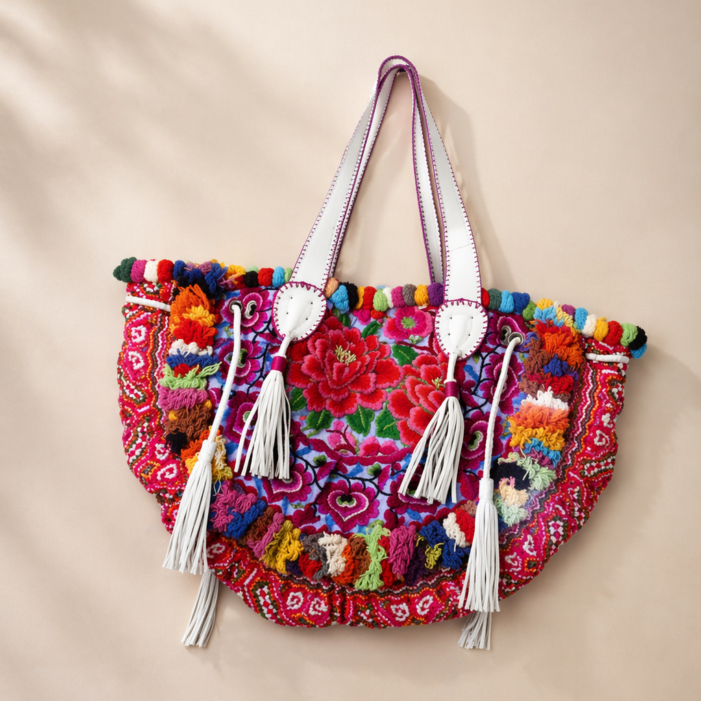 Embroidered Half Moon Ibiza Leather Tote Pom Pom Bag – Thailand-Bags-Lumily-Purple-Lumily MZ Fair Trade Nena &amp; Co Hiptipico Novica Lucia&
