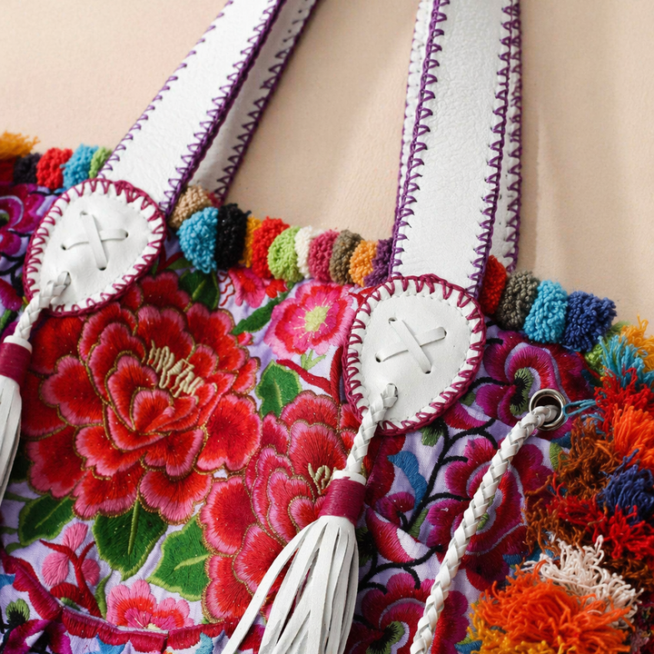 Embroidered Half Moon Ibiza Leather Tote Pom Pom Bag – Thailand-Bags-Lumily-Lumily MZ Fair Trade Nena &amp; Co Hiptipico Novica Lucia&