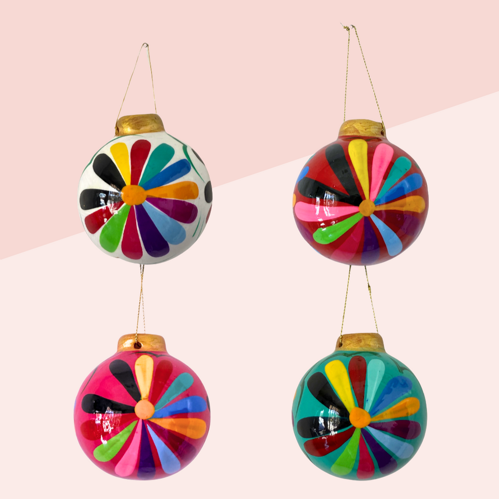 Hand-Painted Ceramic Colorful Sphere Boho Flower Ornament - Mexico-ornament-Cecilia-Lumily MZ Fair Trade Nena & Co Hiptipico Novica Lucia's World emporium