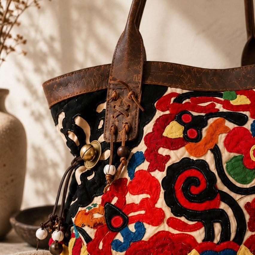 Artista Applique Textile Unique Leather Shoulder Handbag Tote - Thailand-Bags-Lumily-Lumily MZ Fair Trade Nena &amp; Co Hiptipico Novica Lucia&