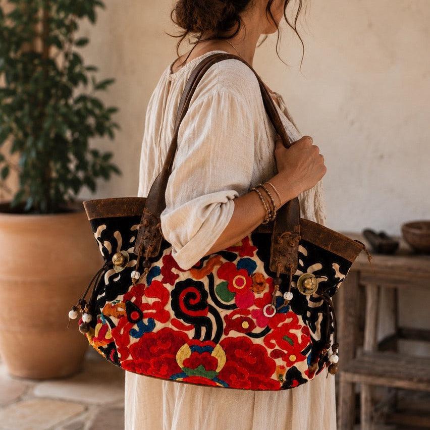 Artista Applique Textile Unique Leather Shoulder Handbag Tote - Thailand-Bags-Lumily-Lumily MZ Fair Trade Nena &amp; Co Hiptipico Novica Lucia&