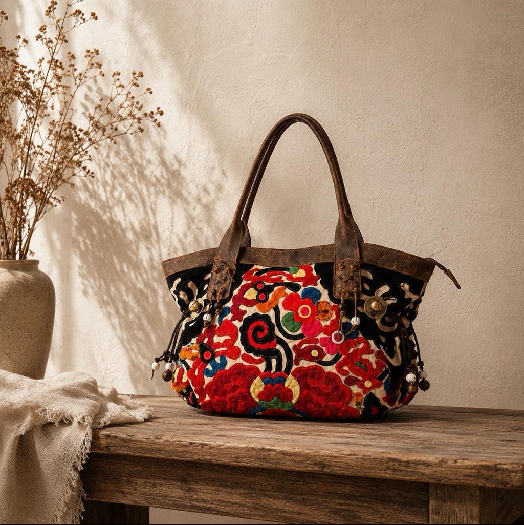 Artista Applique Textile Unique Leather Shoulder Handbag Tote - Thailand-Bags-Lumily-Lumily MZ Fair Trade Nena & Co Hiptipico Novica Lucia's World emporium