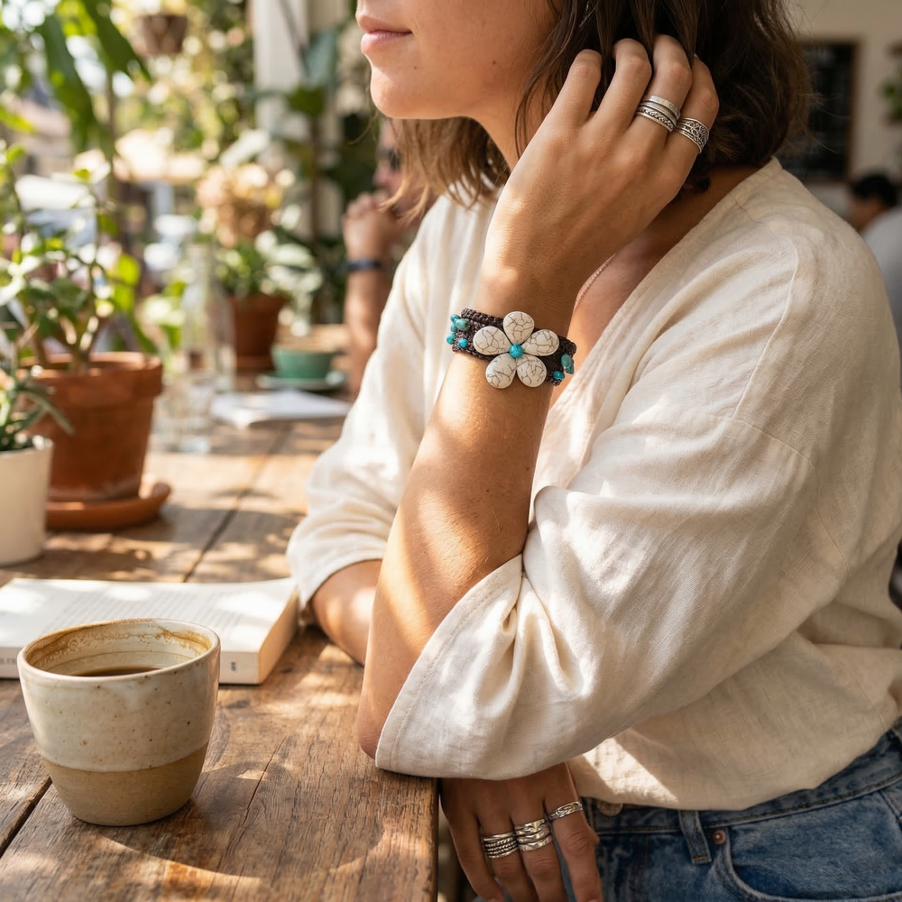 BUNDLE: Wax String Flower Stone Handcrafted Bracelet 4 Pieces - Thailand-Bracelets-Lumily-Lumily MZ Fair Trade Nena & Co Hiptipico Novica Lucia's World emporium