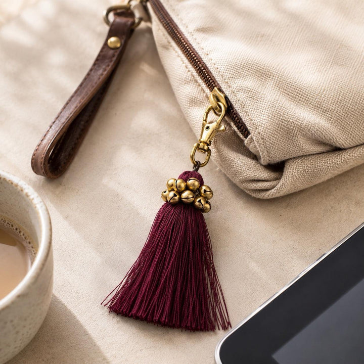 Fair Trade Cotton Tassel Zipper Pull with Bells - Thailand-Bag Charms-Kannika (Deeproot Accessories - TH)-Lumily Fair Trade Handmade