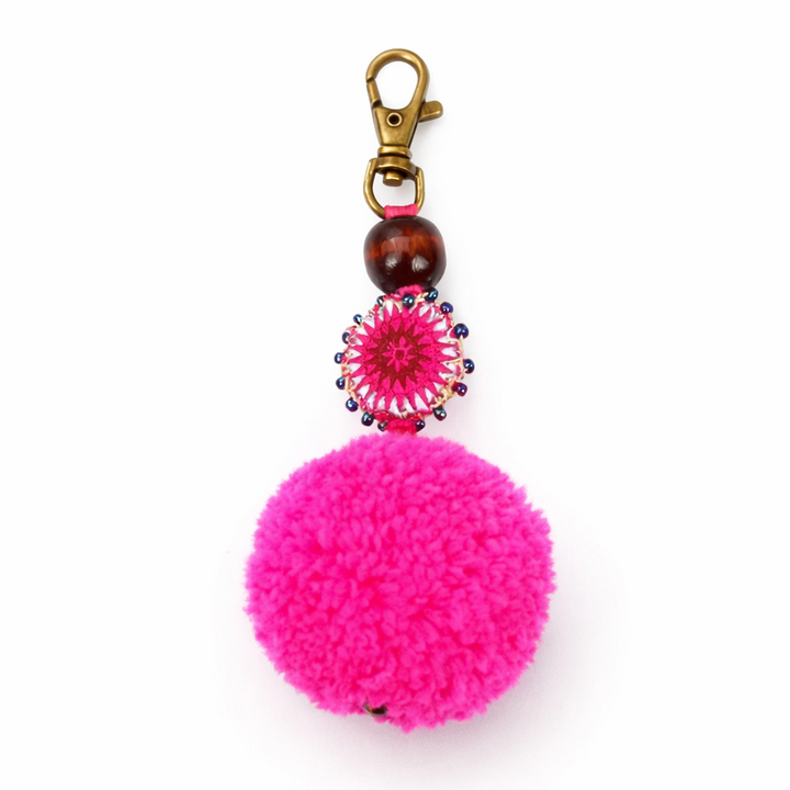 Pom Pom Zipper Pull Keychain Boho Bag Charm Lobster Clasp Fair Trade - Thailand-Zipper Pulls-Lumily-Hot Pink-Lumily MZ Fair Trade Nena &amp; Co Hiptipico Novica Lucia&