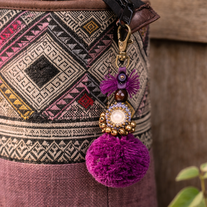 Pom Pom Zipper Pull Keychain Boho Bag Charm Lobster Clasp Fair Trade - Thailand-Zipper Pulls-Lumily-Lumily MZ Fair Trade Nena &amp; Co Hiptipico Novica Lucia&