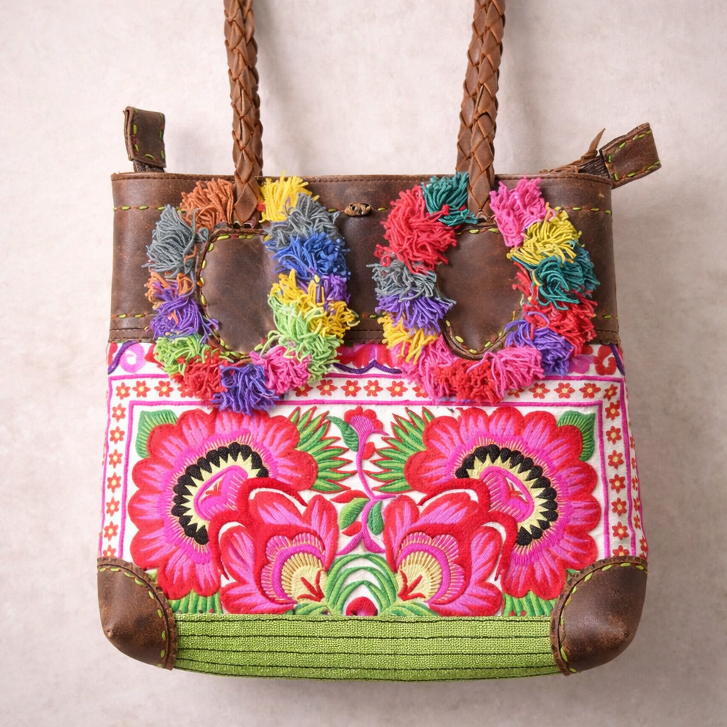 Bonita Embroidered Leather Pompom Bag — Handmade in Thailand-Bags-Lumily-Brown-Lumily MZ Fair Trade Nena &amp; Co Hiptipico Novica Lucia&