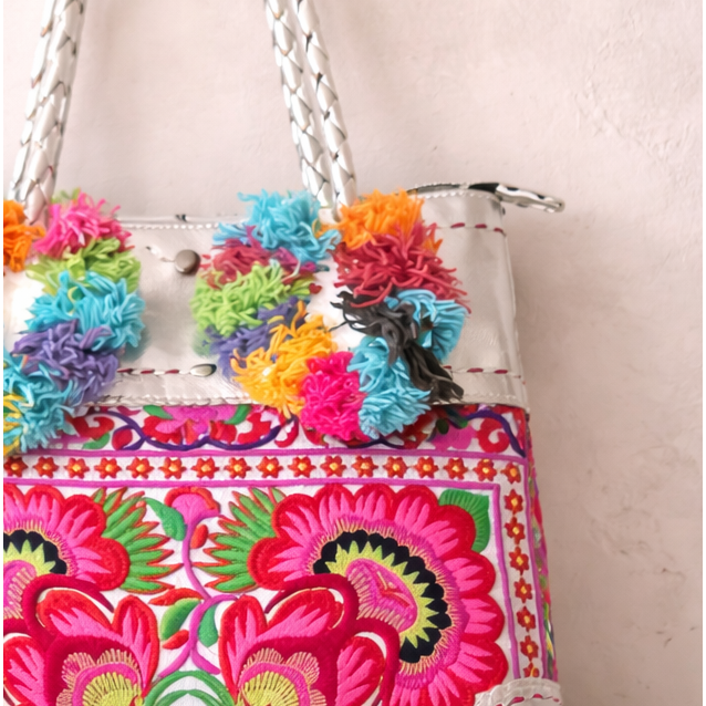 Bonita Embroidered Leather Pompom Bag — Handmade in Thailand-Bags-Lumily-Lumily MZ Fair Trade Nena &amp; Co Hiptipico Novica Lucia&