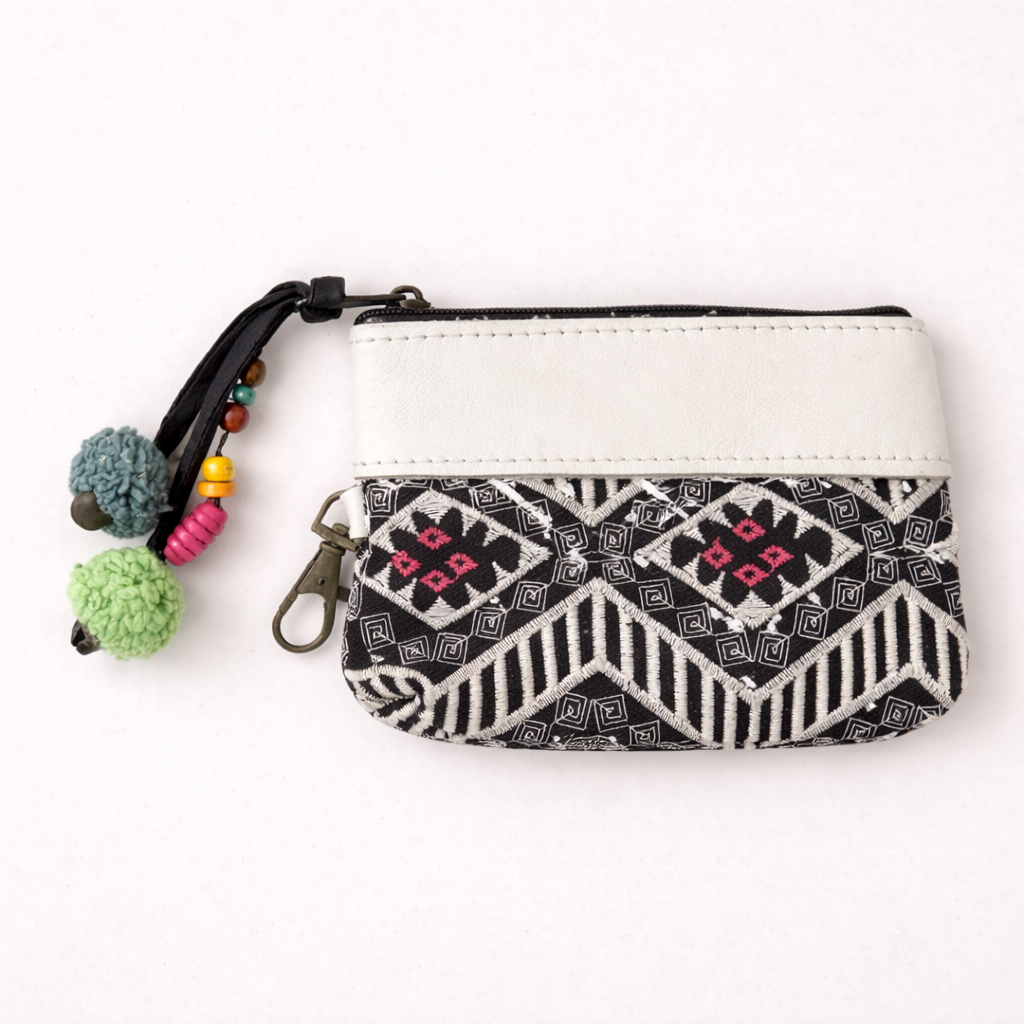 Embroidered Coin Purse Leather Trim Boho Zip Pouch Keychain Wallet Fair Trade - Thailand-Bags-Lumily-White Pink-Lumily MZ Fair Trade Nena &amp; Co Hiptipico Novica Lucia&