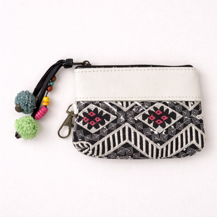Embroidered Coin Purse Leather Trim Boho Zip Pouch Keychain Wallet Fair Trade - Thailand-Bags-Lumily-White Pink-Lumily MZ Fair Trade Nena &amp; Co Hiptipico Novica Lucia&