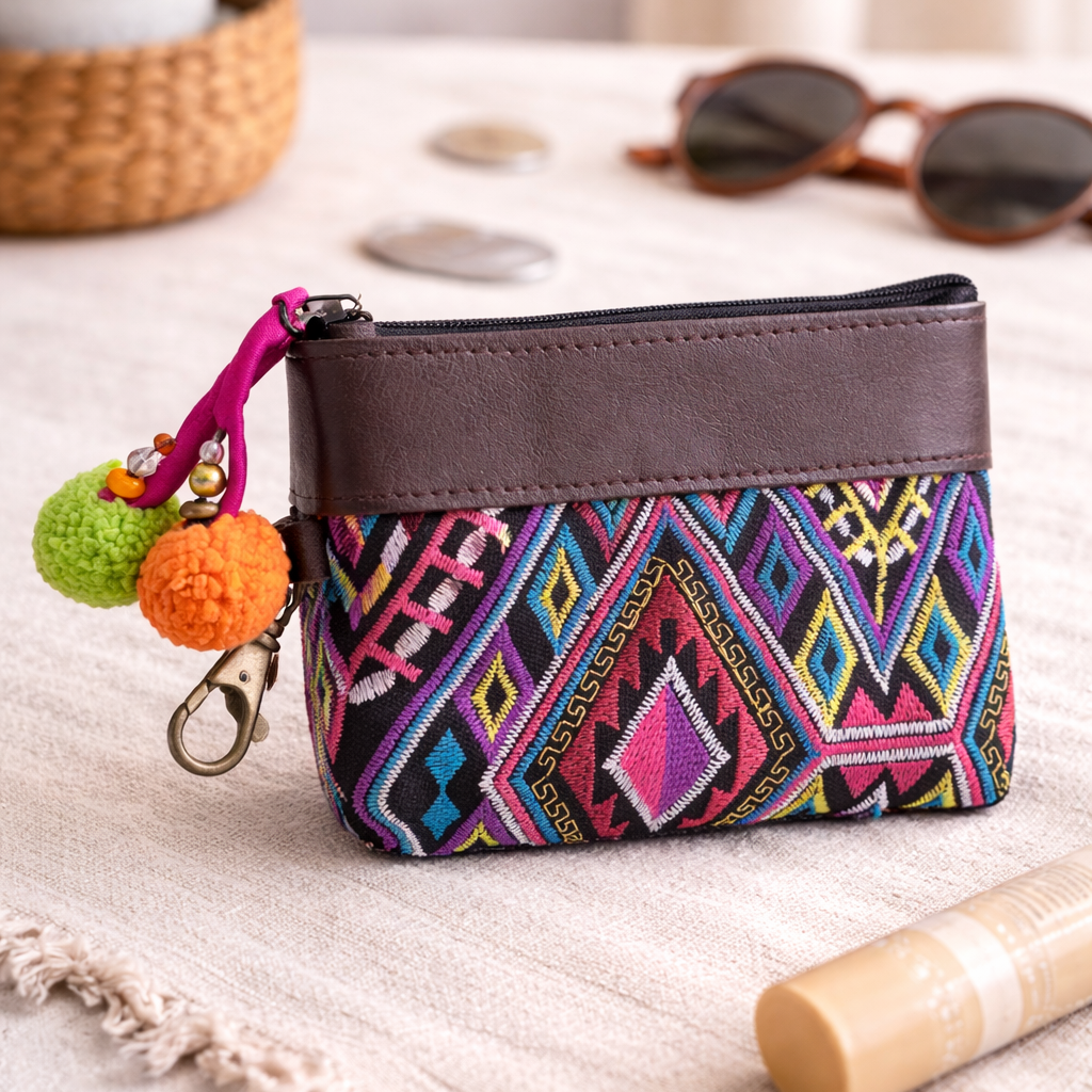 Embroidered Coin Purse Leather Trim Boho Zip Pouch Keychain Wallet Fair Trade - Thailand-Bags-Lumily-Pink-Lumily MZ Fair Trade Nena & Co Hiptipico Novica Lucia's World emporium