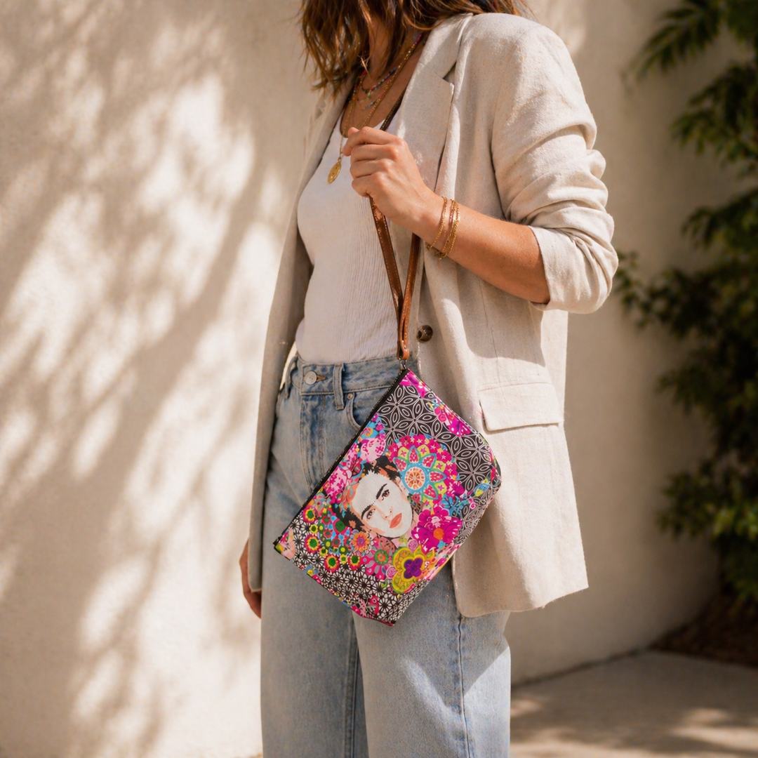 Frida Kahlo Printed Boho Wristlet | Clutch - Thailand-Bags-Nun (Screen Print Bags - TH)-Lumily MZ Fair Trade Nena &amp; Co Hiptipico Novica Lucia&