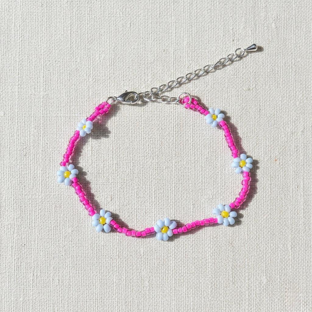 Daisy Seed Bead Flower Boho Bracelet - Guatemala-Bracelets-David (GU)-Pink-Lumily MZ Fair Trade Nena & Co Hiptipico Novica Lucia's World emporium