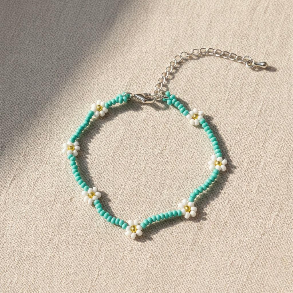 Daisy Seed Bead Flower Boho Bracelet - Guatemala-Bracelets-David (GU)-Turquoise-Lumily MZ Fair Trade Nena & Co Hiptipico Novica Lucia's World emporium