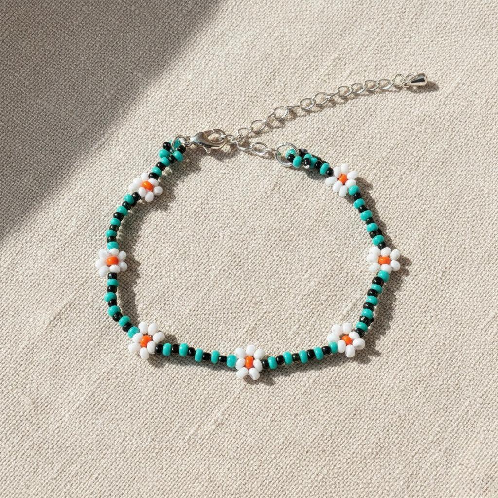 Daisy Seed Bead Flower Boho Bracelet - Guatemala-Bracelets-David (GU)-Blue-Lumily MZ Fair Trade Nena & Co Hiptipico Novica Lucia's World emporium