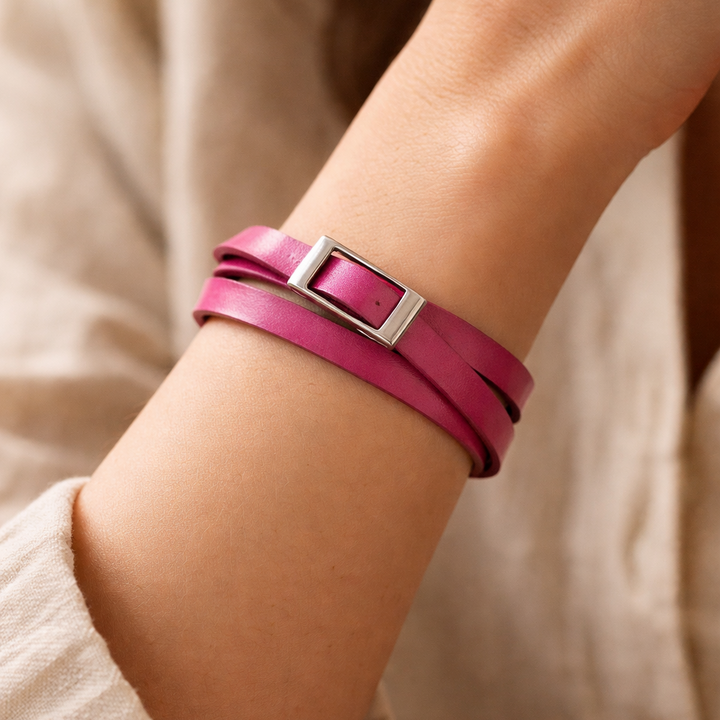 Genuine Leather Wrap Bracelet – Handmade in Thailand-Jewelry-Kannika (Deeproot Accessories - TH)-Pink-Lumily MZ Fair Trade Nena &amp; Co Hiptipico Novica Lucia&