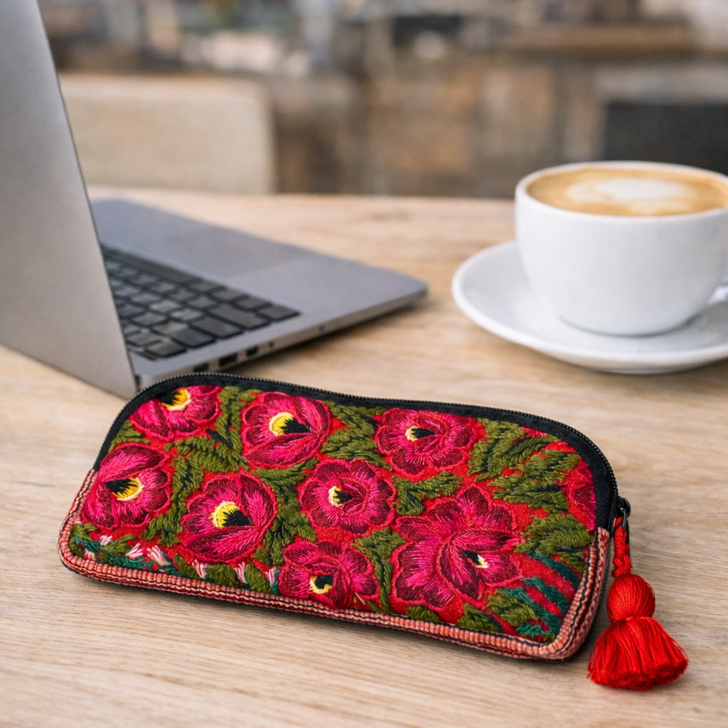 Up-cycled Half Moon Huipil Cosmetic Padded Bag with Tassel - Guatemala-Bags-Laura y Francisco (GU)-Lumily MZ Fair Trade Nena & Co Hiptipico Novica Lucia's World emporium