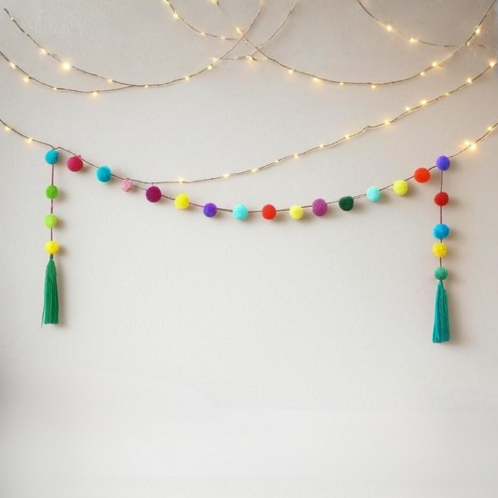 Hanging Garland Decor Boho Multicolor Pom Pom Strip - Mexico-Decor-Rebeca y Francisco (Mexico)-Lumily MZ Fair Trade Nena & Co Hiptipico Novica Lucia's World emporium