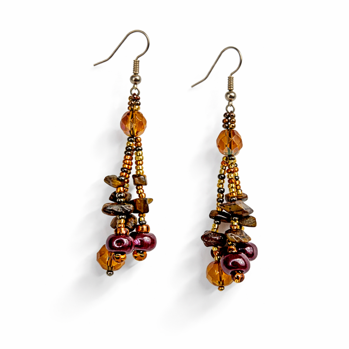 Luzy Seed Bead Crystal Dangly Earrings - Guatemala-Jewelry-Lumily-Gold Mocha-Lumily MZ Fair Trade Nena &amp; Co Hiptipico Novica Lucia&