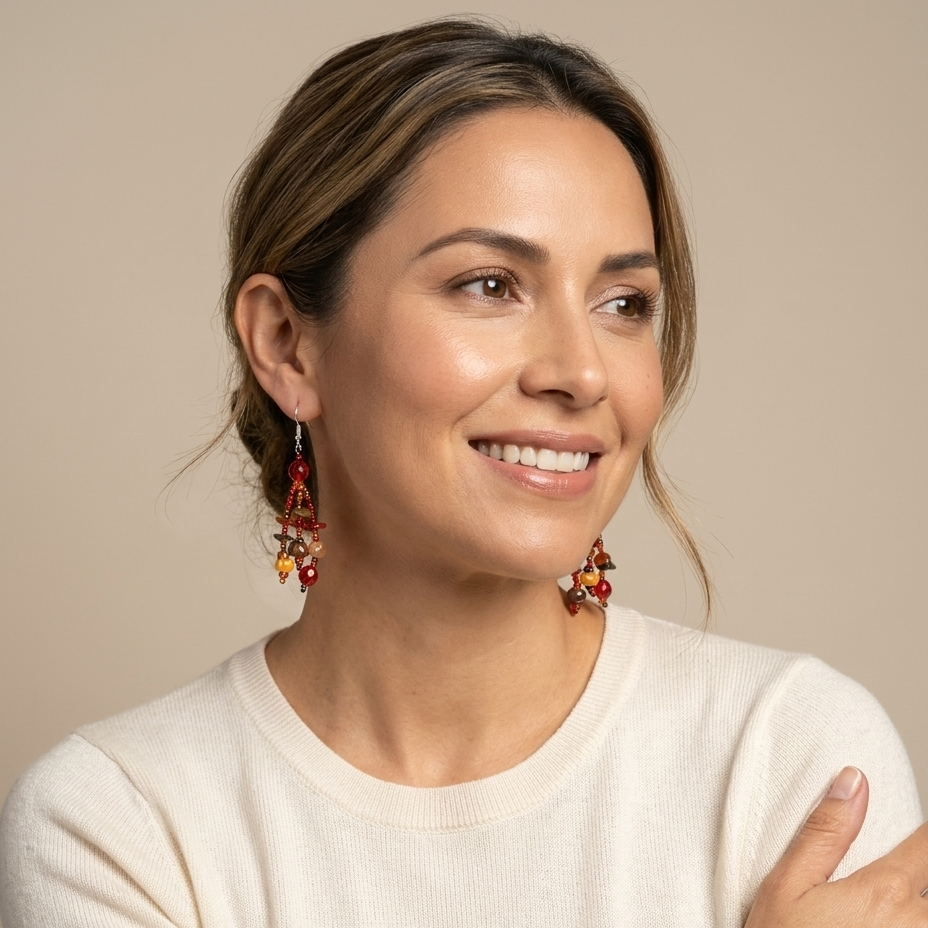 Woman wearing colorful earrings and a bracelet against a beige background