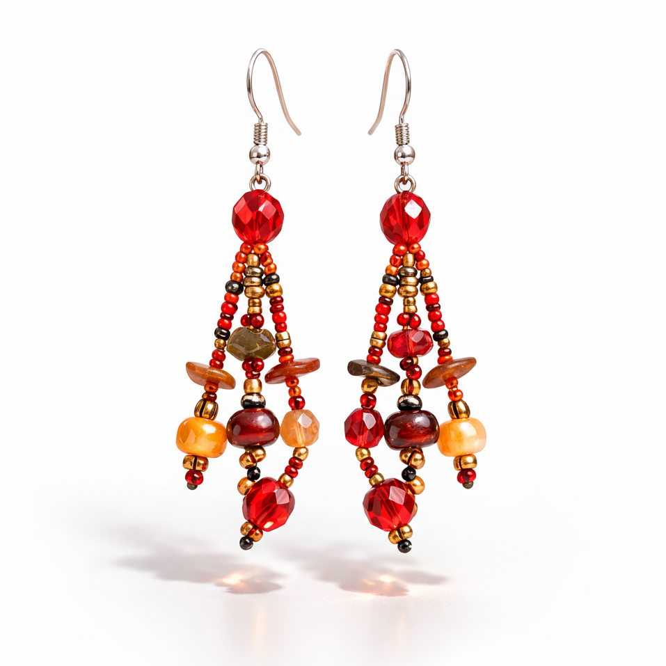 Pair of beaded earrings with red, orange, and brown beads on a white background