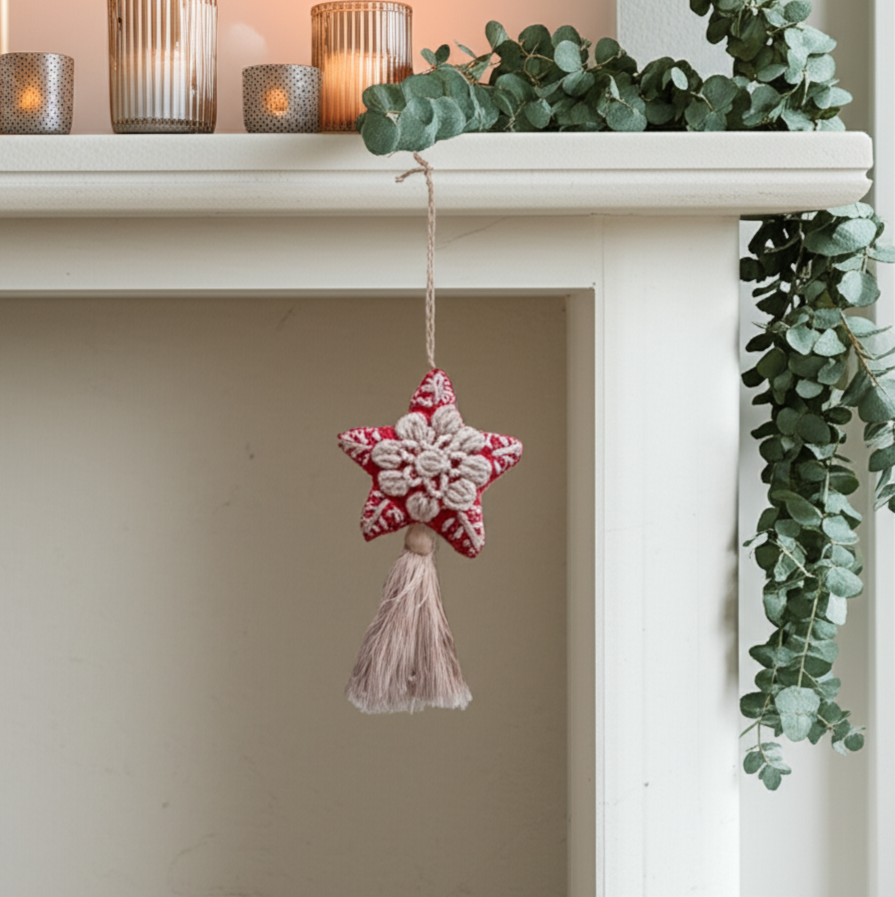 Red Star Embroidered Felted Wool Handmade Ornament - Mexico-Decor-Rebeca y Francisco (Mexico)-Lumily MZ Fair Trade Nena & Co Hiptipico Novica Lucia's World emporium