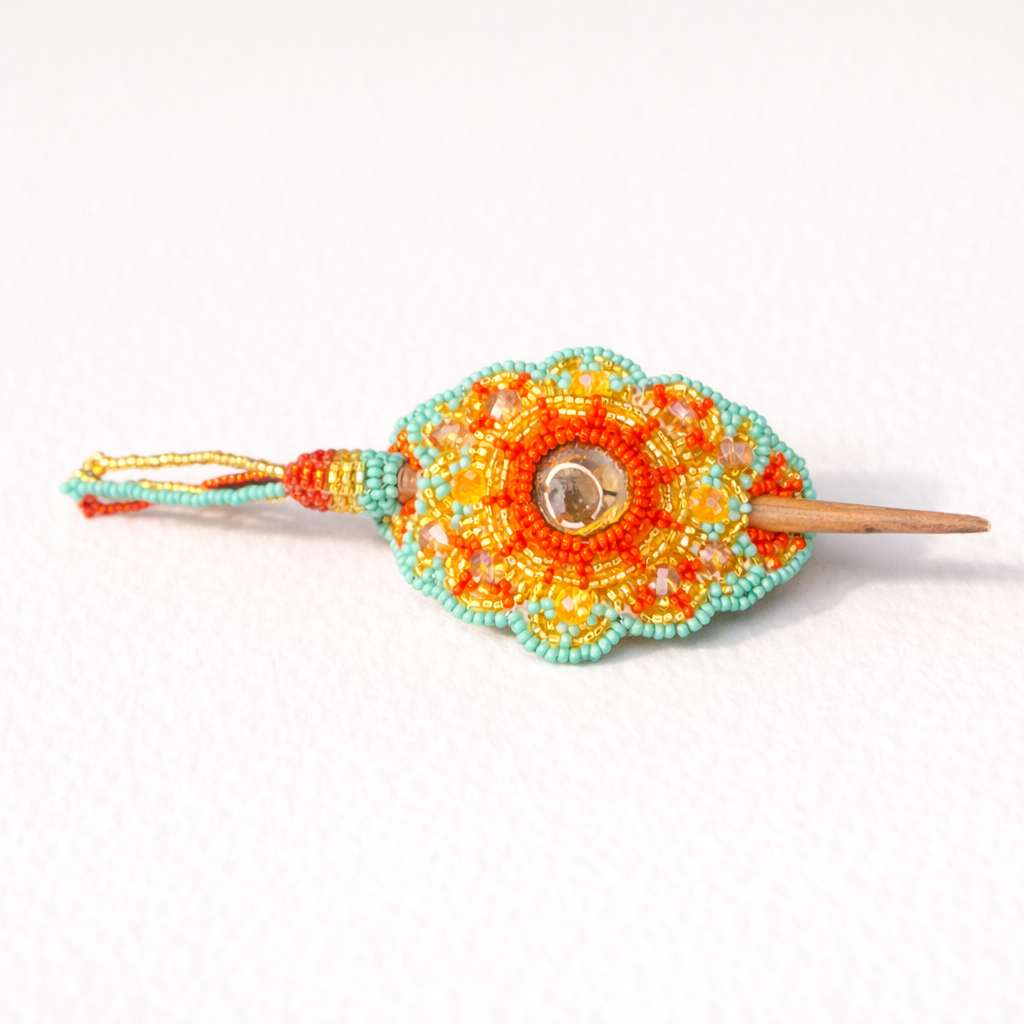 Michelle Seed Bead Hair Barrette - Guatemala-Accessories-Lumily-Red Turquoise Gold-Lumily MZ Fair Trade Nena & Co Hiptipico Novica Lucia's World emporium