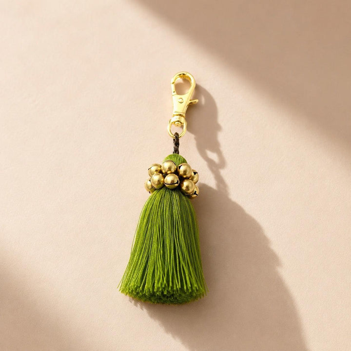 Fair Trade Cotton Tassel Zipper Pull with Bells - Thailand-Bag Charms-Kannika (Deeproot Accessories - TH)-Green-Lumily Fair Trade Handmade