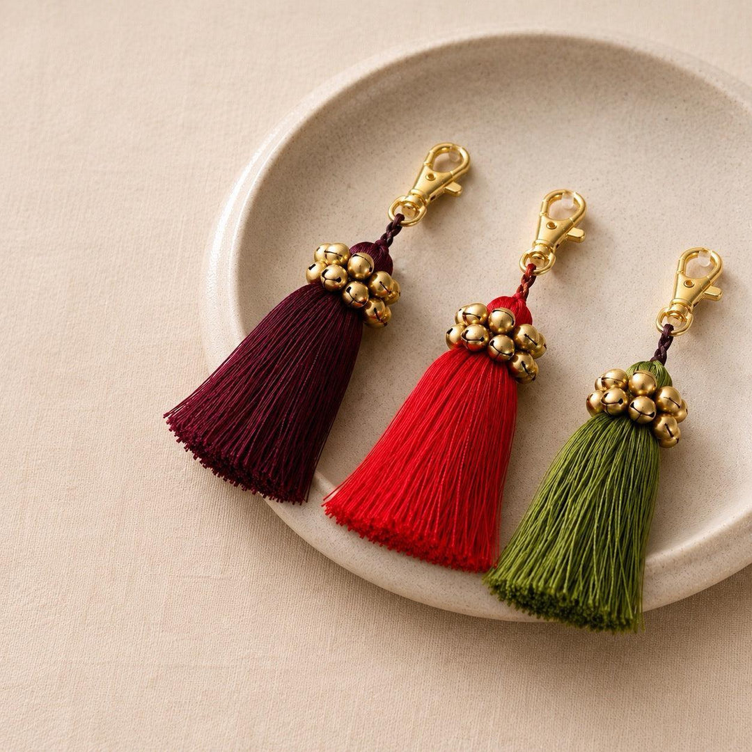 Fair Trade Cotton Tassel Zipper Pull with Bells - Thailand-Bag Charms-Kannika (Deeproot Accessories - TH)-Lumily Fair Trade Handmade