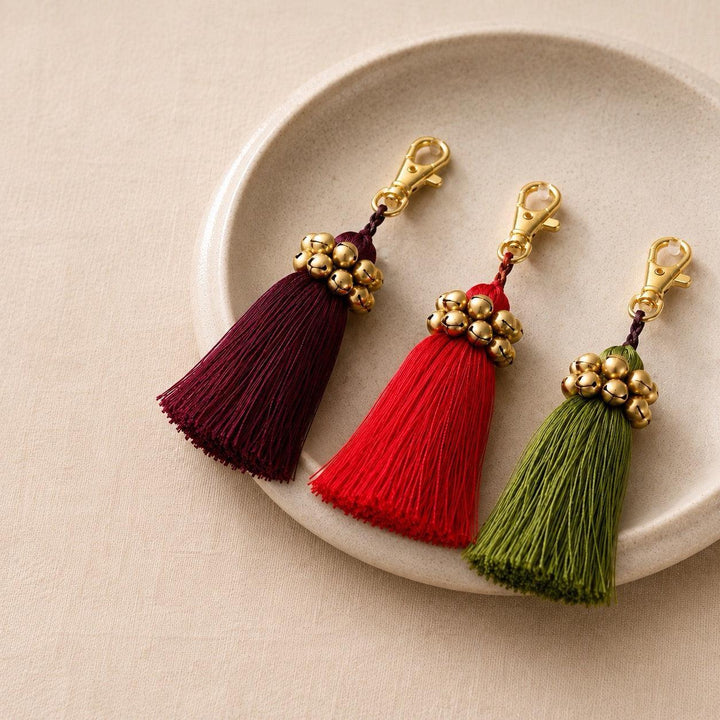 Fair Trade Cotton Tassel Zipper Pull with Bells - Thailand-Bag Charms-Kannika (Deeproot Accessories - TH)-Lumily Fair Trade Handmade