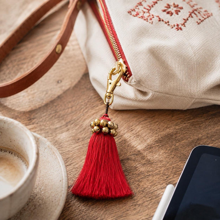 Fair Trade Cotton Tassel Zipper Pull with Bells - Thailand-Bag Charms-Kannika (Deeproot Accessories - TH)-Lumily Fair Trade Handmade