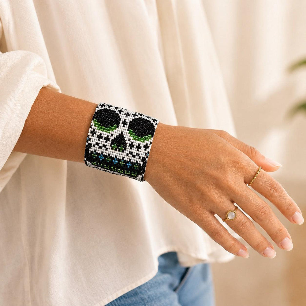 Sugar Skull Catrina Wide Seed Bead Bracelet - Guatemala-Bracelets-Angelica-Lumily MZ Fair Trade Nena & Co Hiptipico Novica Lucia's World emporium