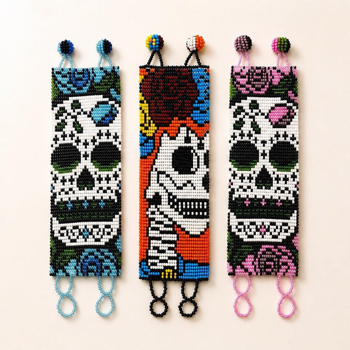 Sugar Skull Catrina Wide Seed Bead Bracelet - Guatemala-Bracelets-Angelica-Lumily MZ Fair Trade Nena &amp; Co Hiptipico Novica Lucia&