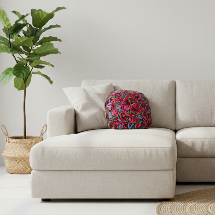 Up-cycled Moon Floral Huipil One-of-a-Kind Round Boho Pillow Cover - Guatemala-Decor-Claudia (Topaca - GU)-Lumily MZ Fair Trade Nena & Co Hiptipico Novica Lucia's World emporium