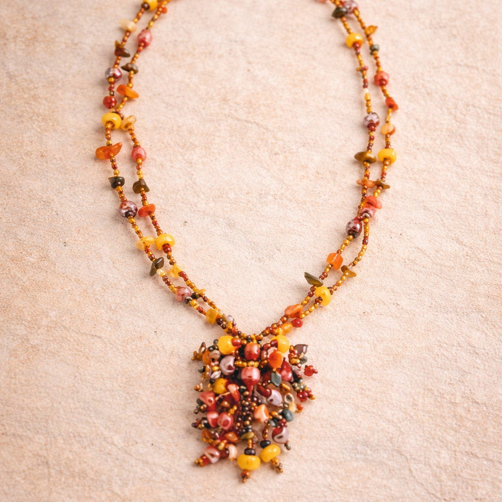 Roxana Czech Glass Beaded Fringe Pendant Necklace – Guatemala-Jewelry-Lumily-Orange-Lumily MZ Fair Trade Nena &amp; Co Hiptipico Novica Lucia&