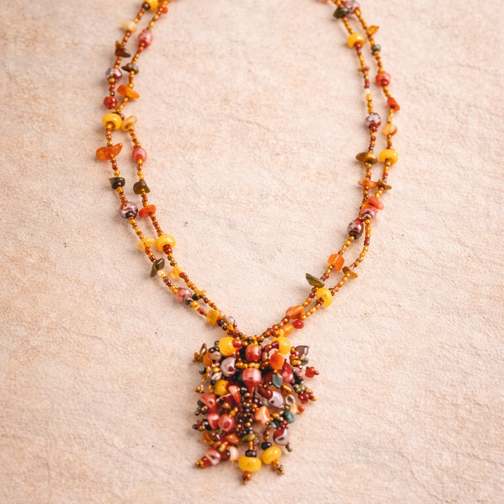 Roxana Czech Glass Beaded Fringe Pendant Necklace – Guatemala-Jewelry-Lumily-Orange-Lumily MZ Fair Trade Nena &amp; Co Hiptipico Novica Lucia&