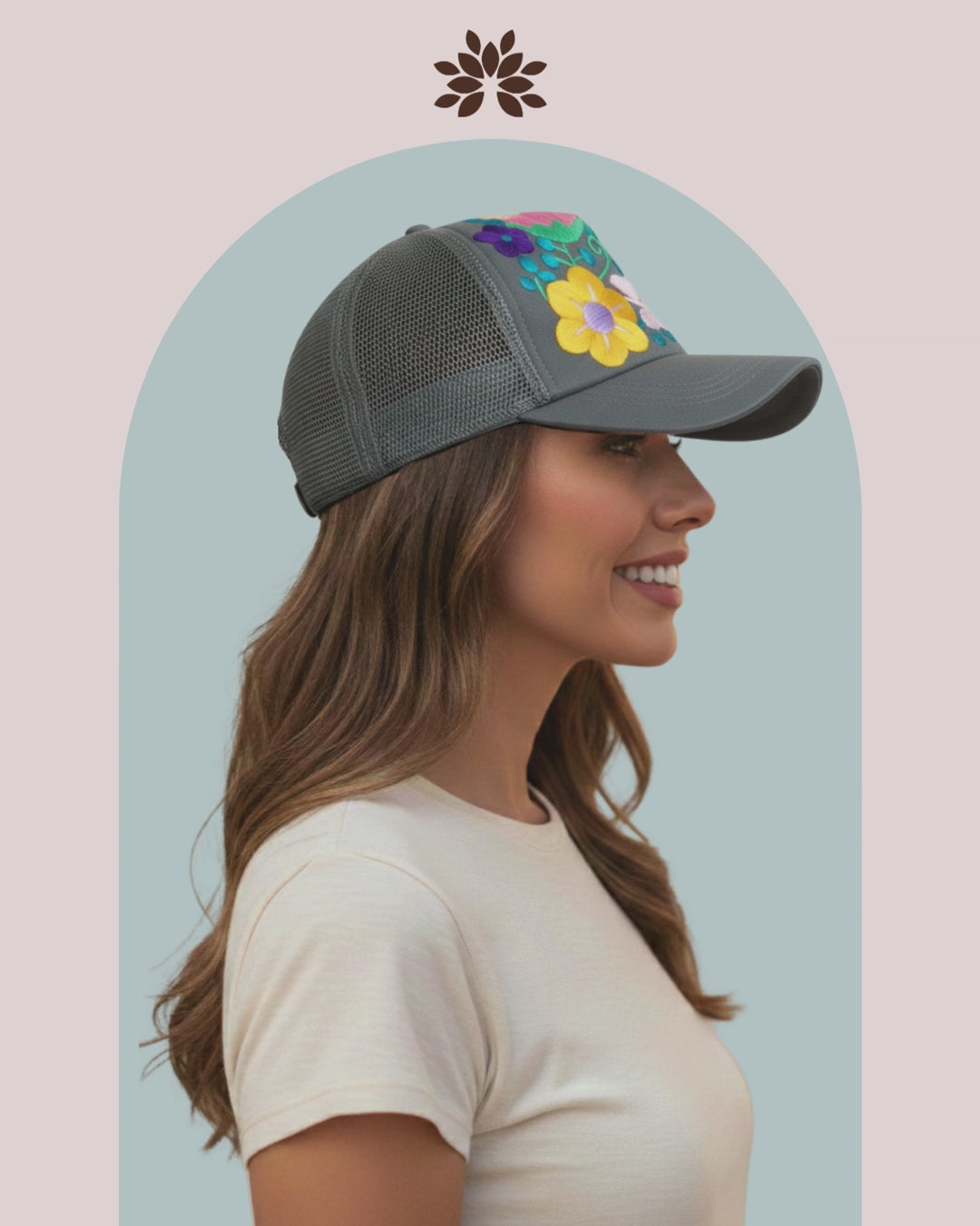 Tulum Hand Embroidered Trucker Flower Hat - Mexico