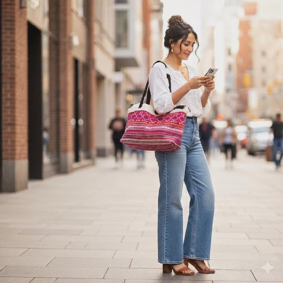 Upcycled Hmong Textile Cowhide One-of-a-kind Leather Tote Purse - Thailand