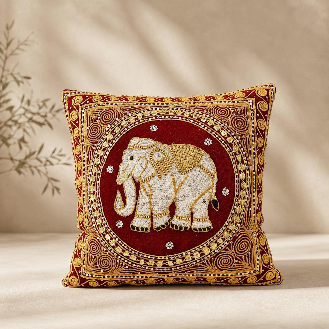 Thai Elephant Embroidered Pillow Cover - Thailand-Pillows-Pranee Shop-Red-Lumily Fair Trade Handmade
