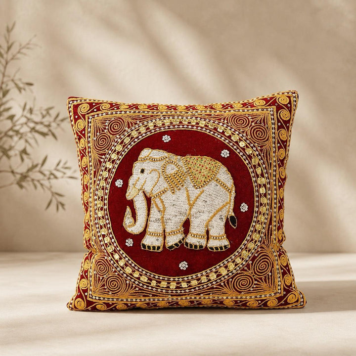 Thai Elephant Embroidered Pillow Cover - Thailand-Pillows-Pranee Shop-Red-Lumily Fair Trade Handmade