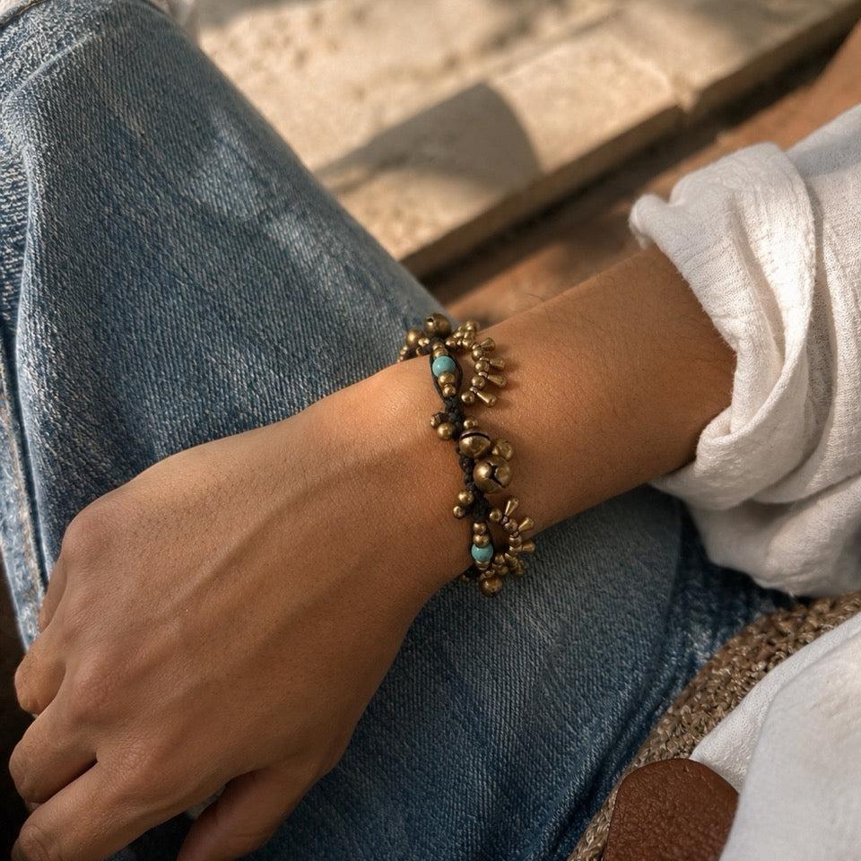 Brass Bell &amp; Turquoise Adjustable Bracelet Boho Fair Trade - Thailand-Bracelets-Lumily-Lumily MZ Fair Trade Nena &amp; Co Hiptipico Novica Lucia&